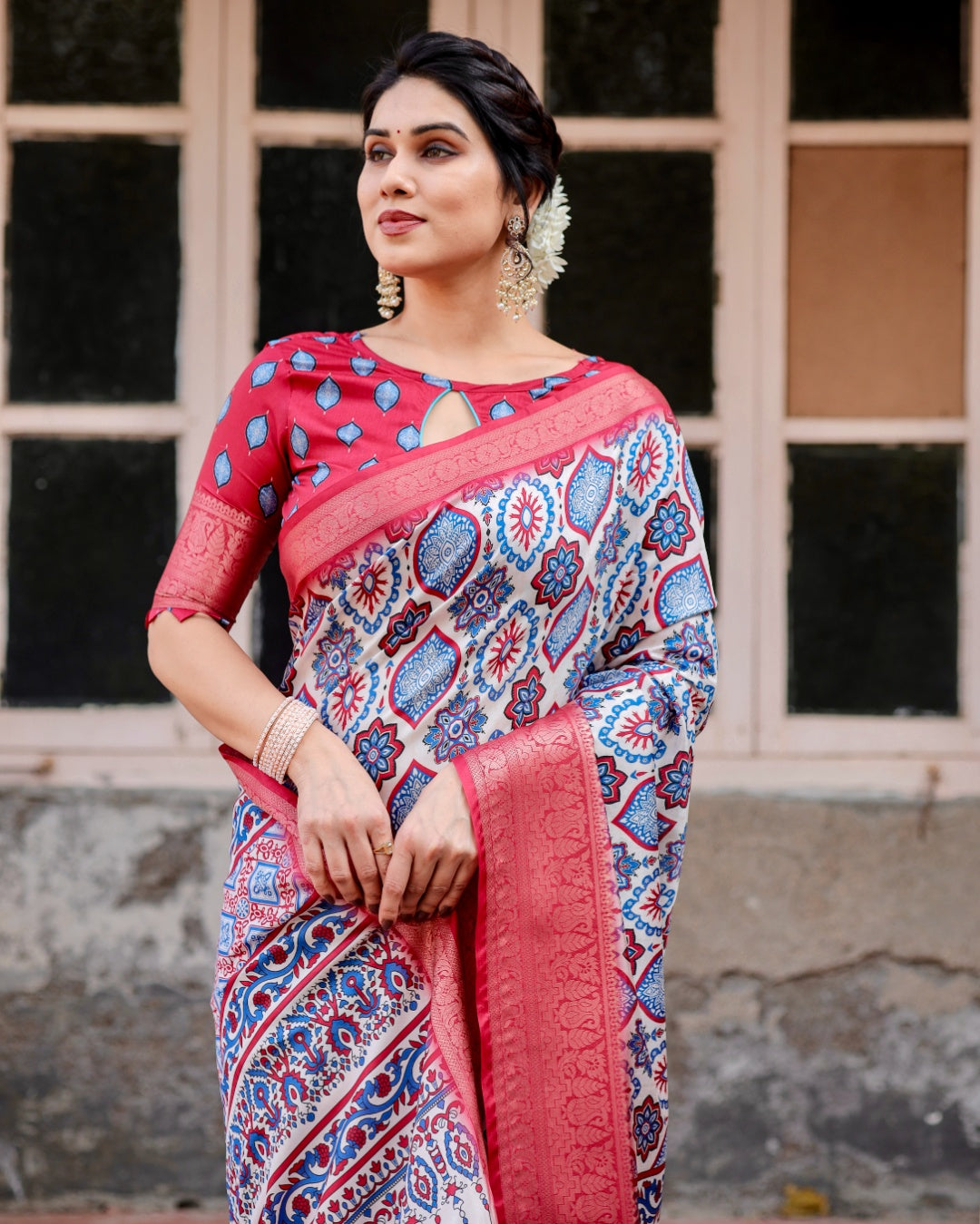 Ivory & Coral Pink Tussar Silk Saree with Ajrakh-Inspired Print, Zari Border & Tassels