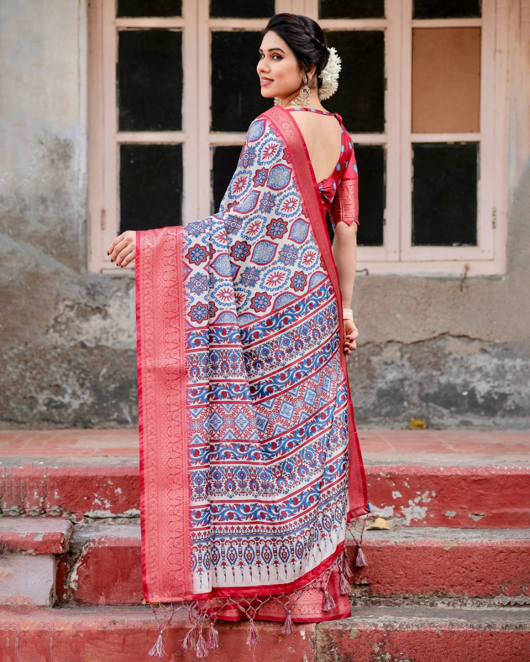 Ivory & Coral Pink Tussar Silk Saree with Ajrakh-Inspired Print, Zari Border & Tassels