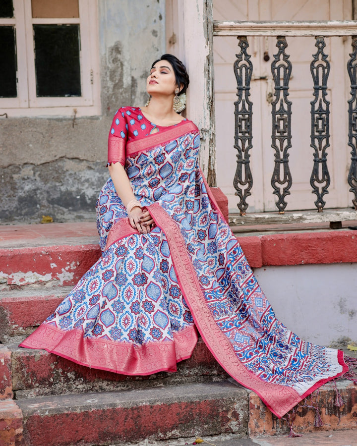 Ivory & Coral Pink Tussar Silk Saree with Ajrakh-Inspired Print, Zari Border & Tassels