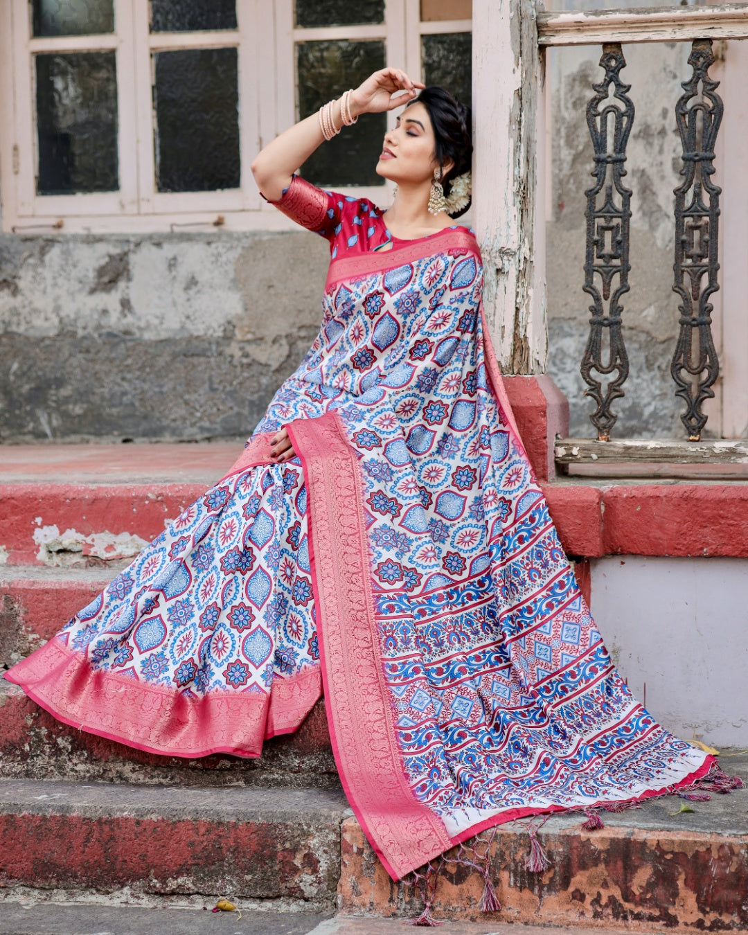 Ivory & Coral Pink Tussar Silk Saree with Ajrakh-Inspired Print, Zari Border & Tassels