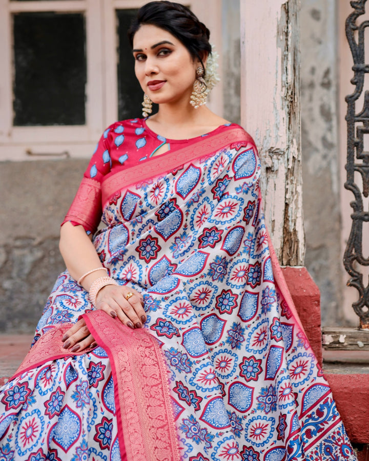 Ivory & Coral Pink Tussar Silk Saree with Ajrakh-Inspired Print, Zari Border & Tassels