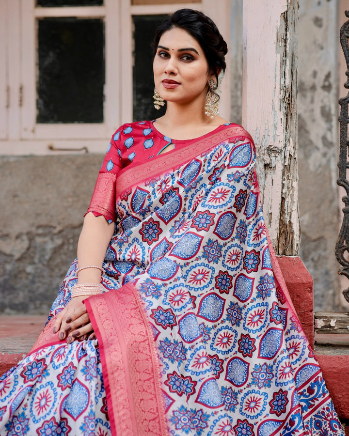 Ivory & Coral Pink Tussar Silk Saree with Ajrakh-Inspired Print, Zari Border & Tassels