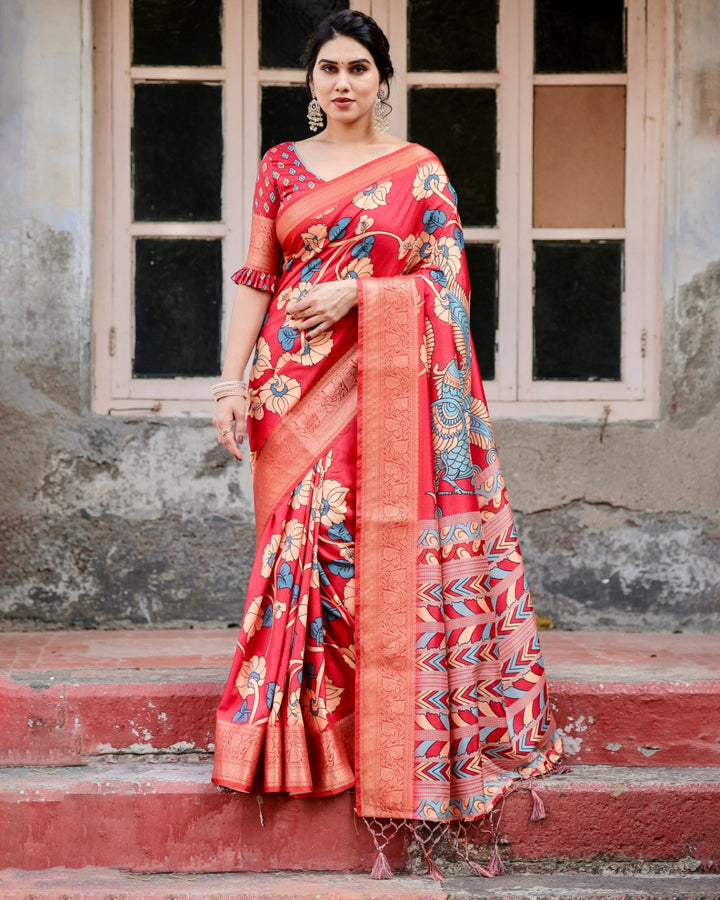 Red Tussar Silk Saree with Kalamkari Floral Print, Peacock Pallu, Zari Border & Tassels