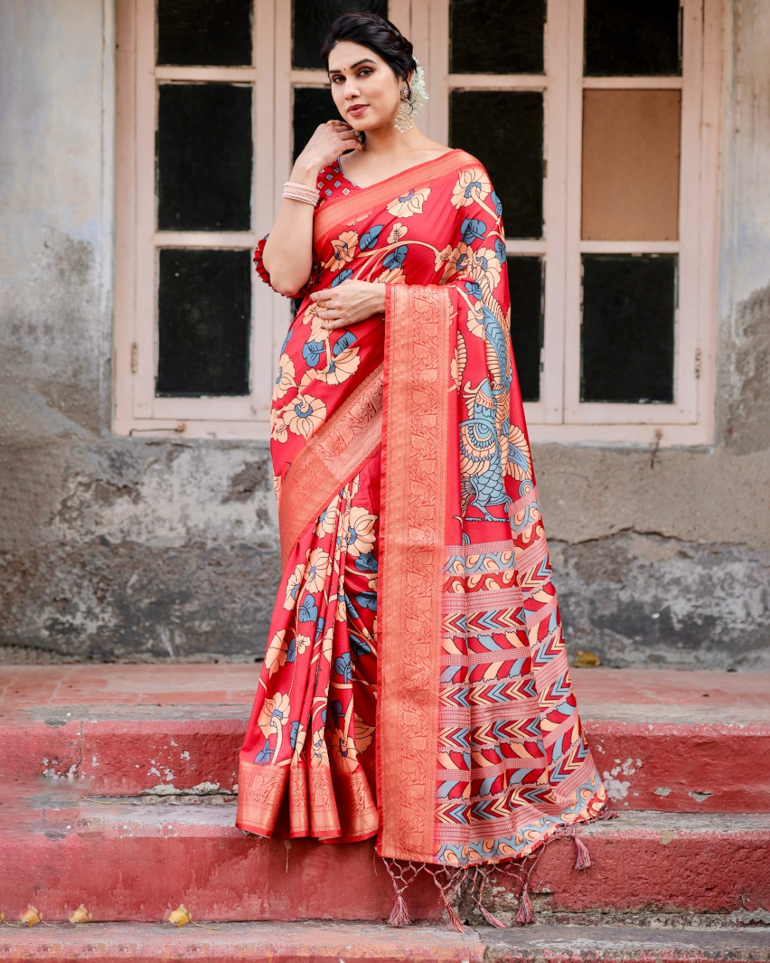 Red Tussar Silk Saree with Kalamkari Floral Print, Peacock Pallu, Zari Border & Tassels
