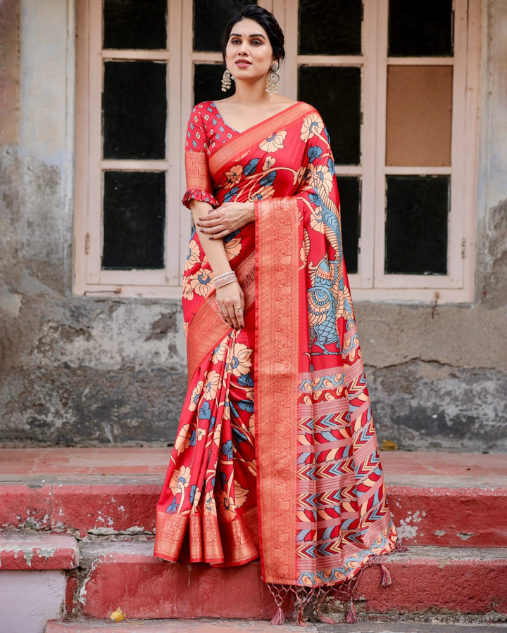 Red Tussar Silk Saree with Kalamkari Floral Print, Peacock Pallu, Zari Border & Tassels
