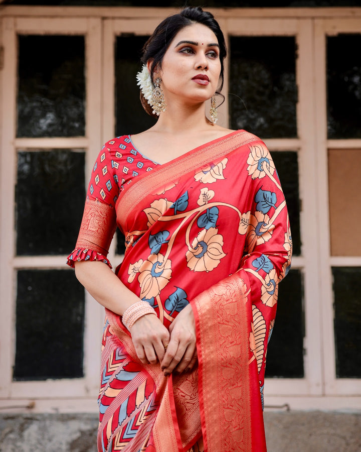 Red Tussar Silk Saree with Kalamkari Floral Print, Peacock Pallu, Zari Border & Tassels