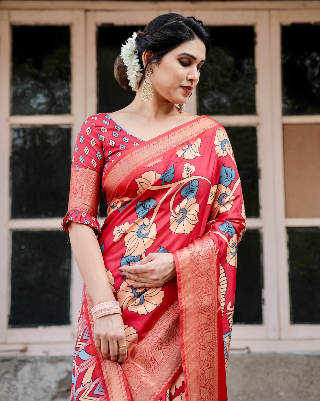 Red Tussar Silk Saree with Kalamkari Floral Print, Peacock Pallu, Zari Border & Tassels