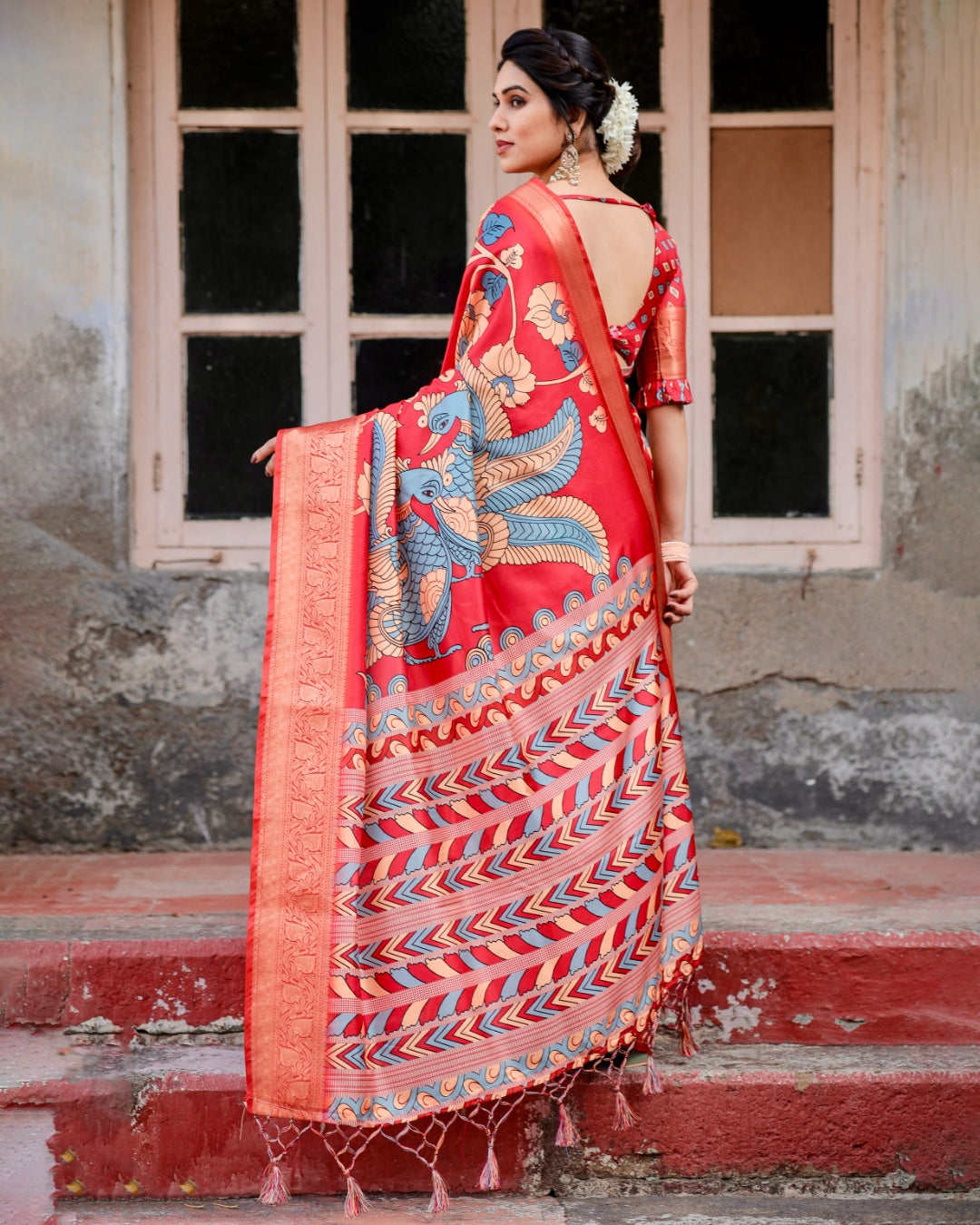 Red Tussar Silk Saree with Kalamkari Floral Print, Peacock Pallu, Zari Border & Tassels