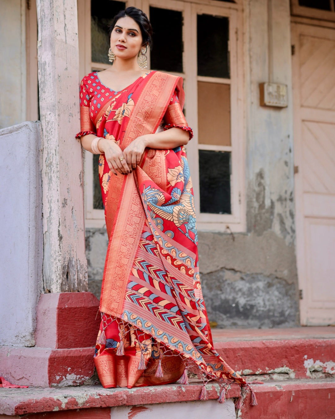 Red Tussar Silk Saree with Kalamkari Floral Print, Peacock Pallu, Zari Border & Tassels