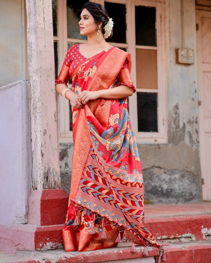Red Tussar Silk Saree with Kalamkari Floral Print, Peacock Pallu, Zari Border & Tassels