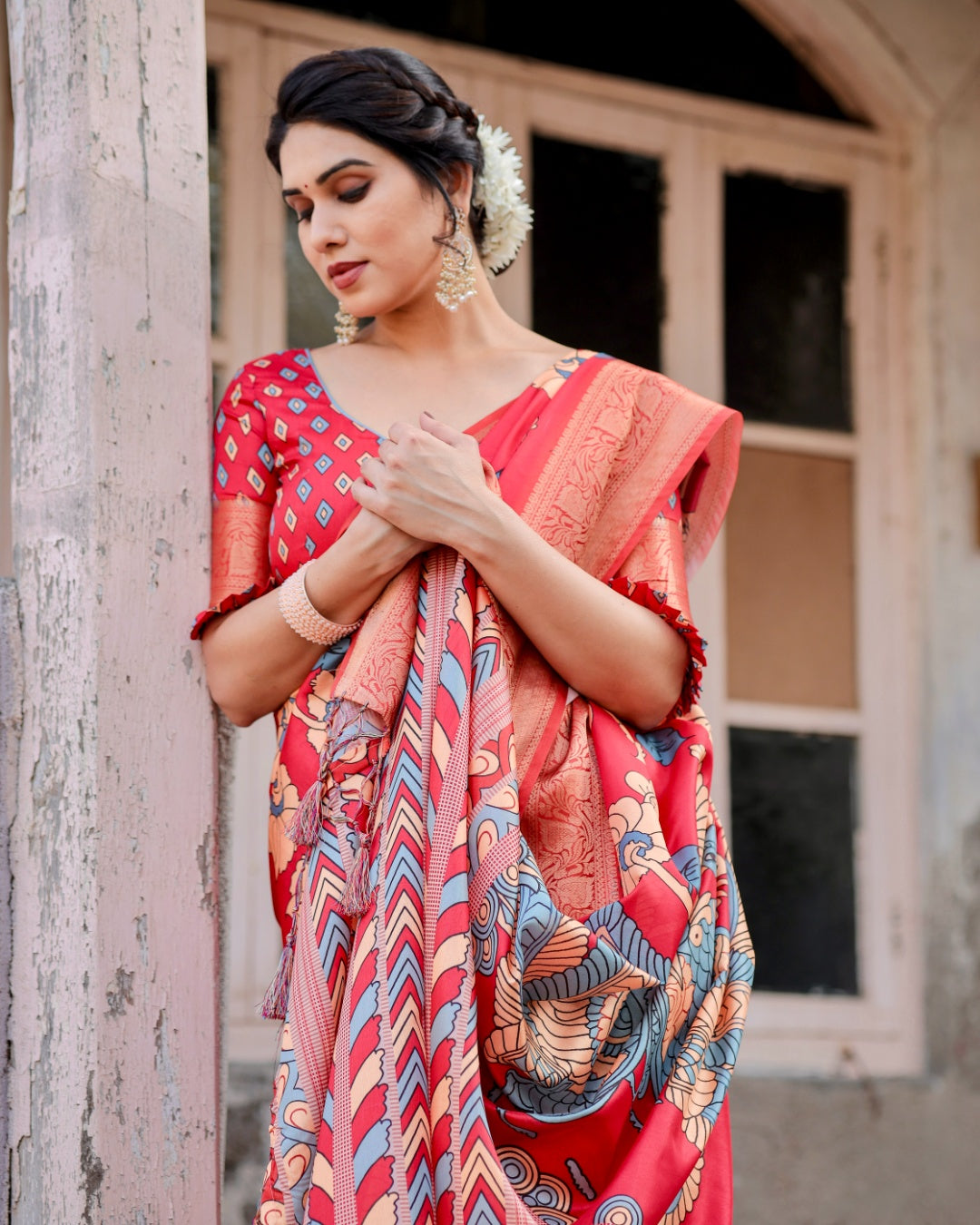 Red Tussar Silk Saree with Kalamkari Floral Print, Peacock Pallu, Zari Border & Tassels