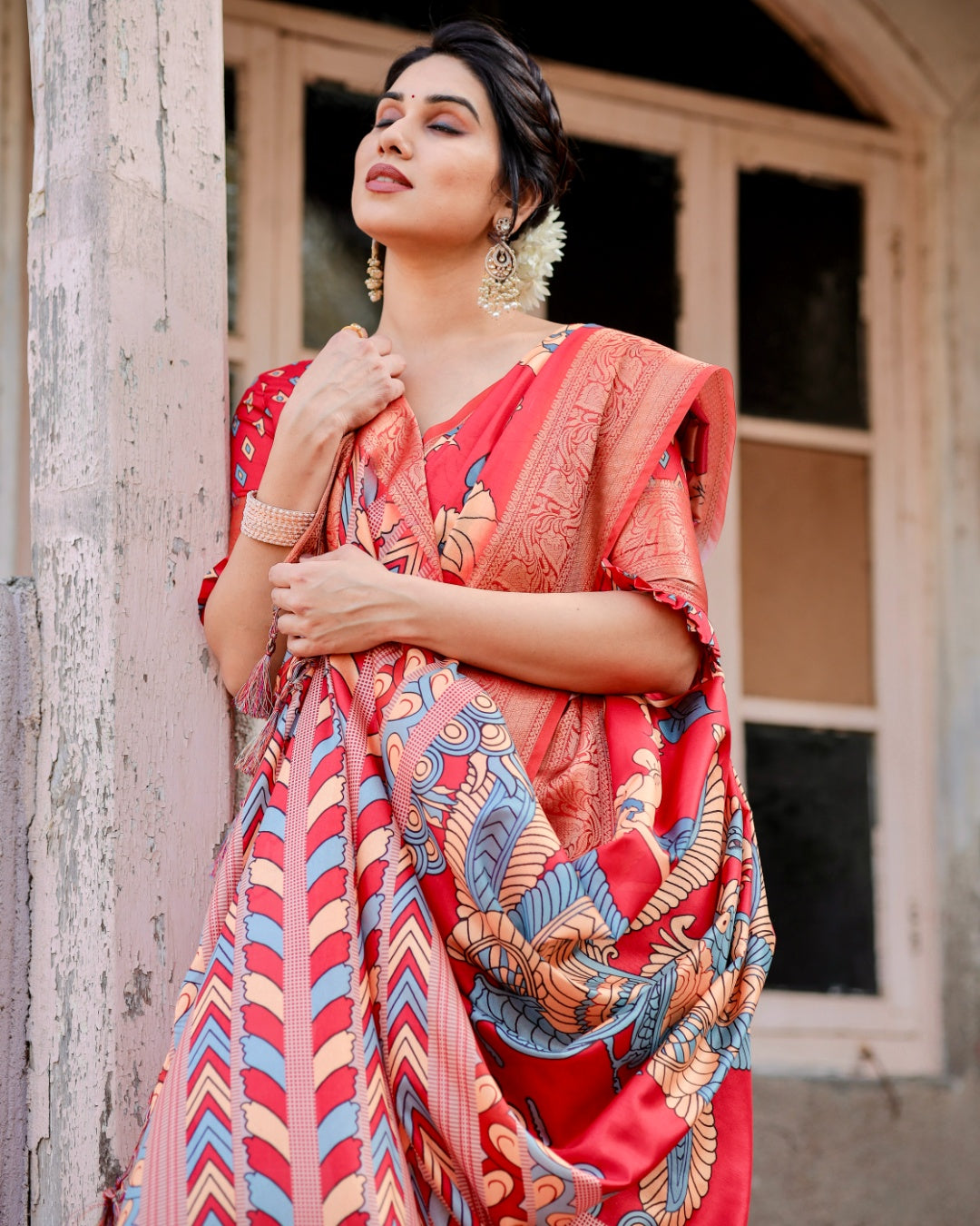 Red Tussar Silk Saree with Kalamkari Floral Print, Peacock Pallu, Zari Border & Tassels