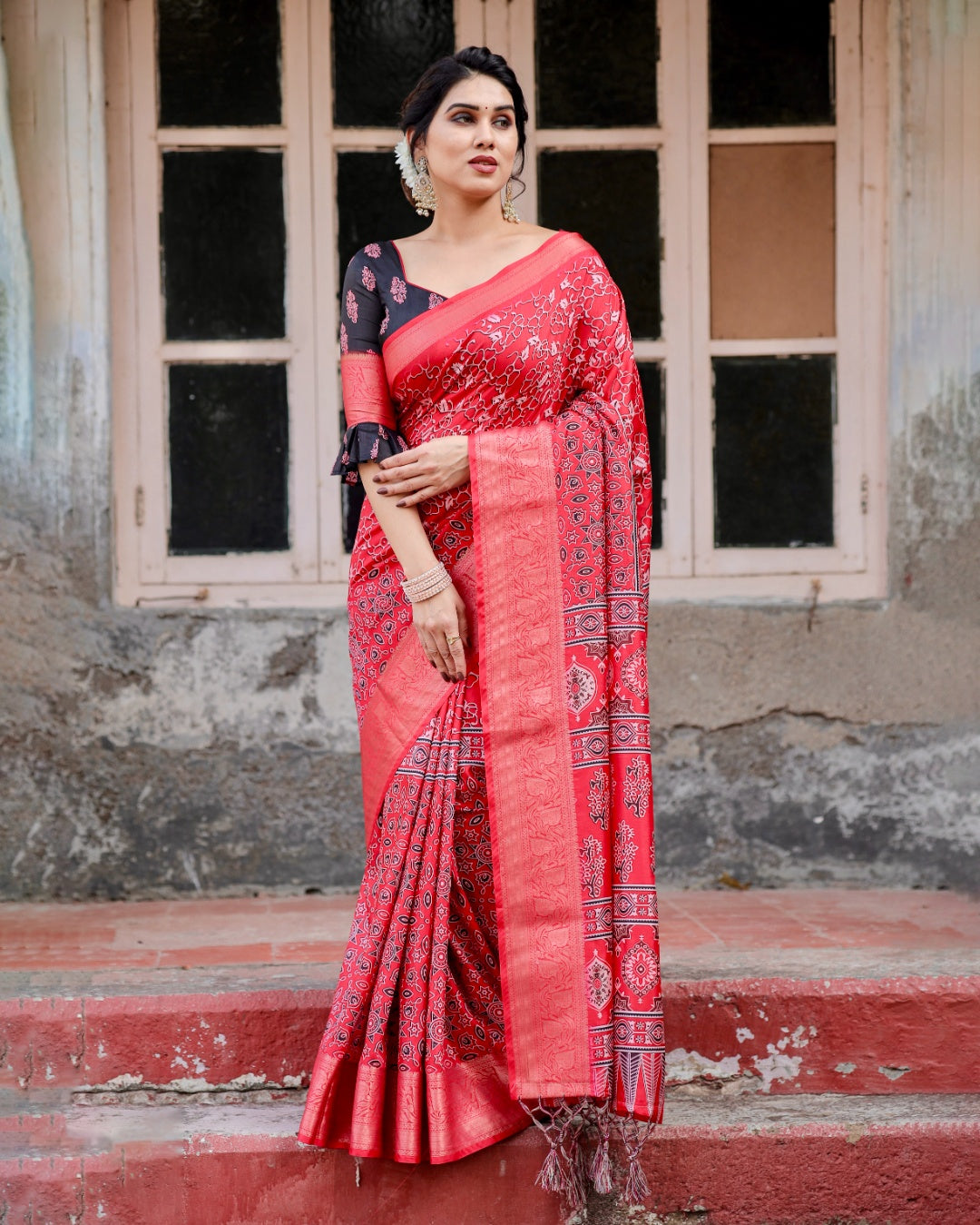 Red Tussar Silk Saree with Ajrakh-Inspired Print, Zari Woven Border, Statement Pallu & Tassels