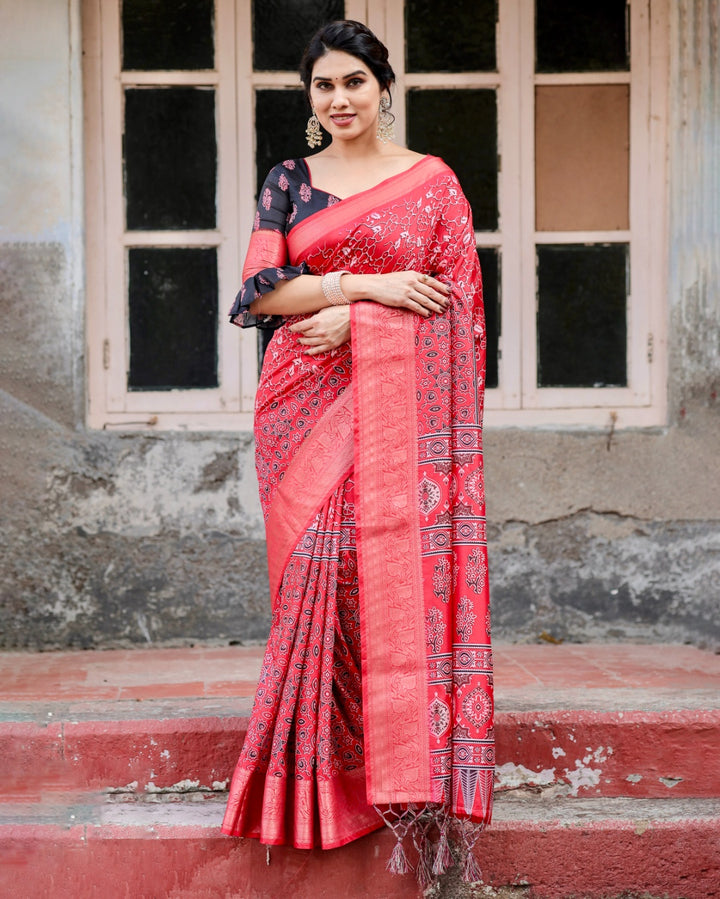 Red Tussar Silk Saree with Ajrakh-Inspired Print, Zari Woven Border, Statement Pallu & Tassels