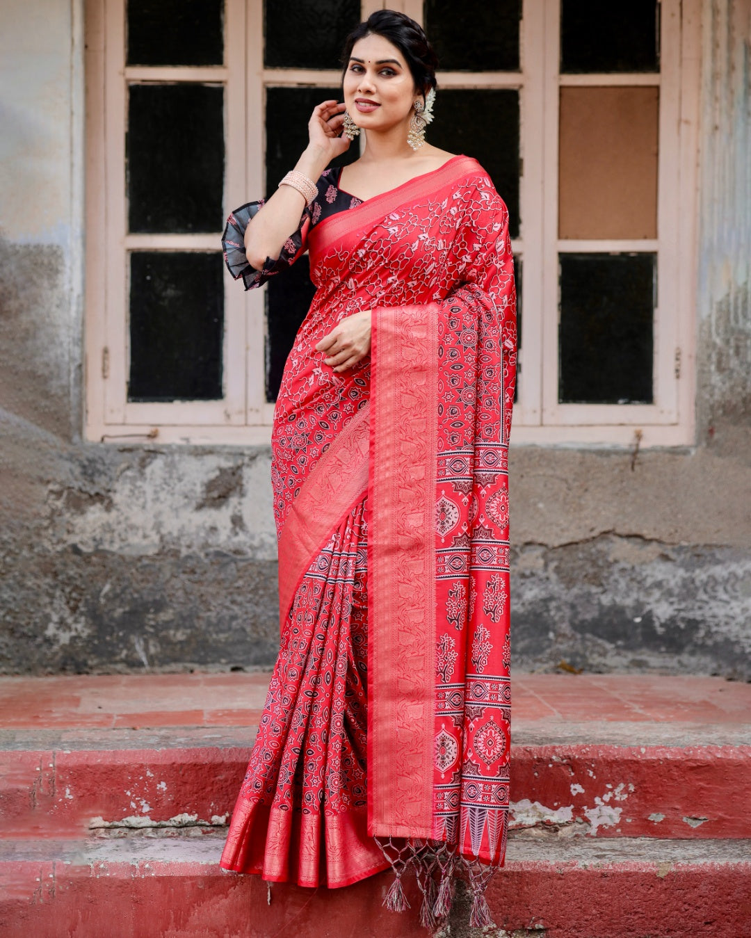 Red Tussar Silk Saree with Ajrakh-Inspired Print, Zari Woven Border, Statement Pallu & Tassels