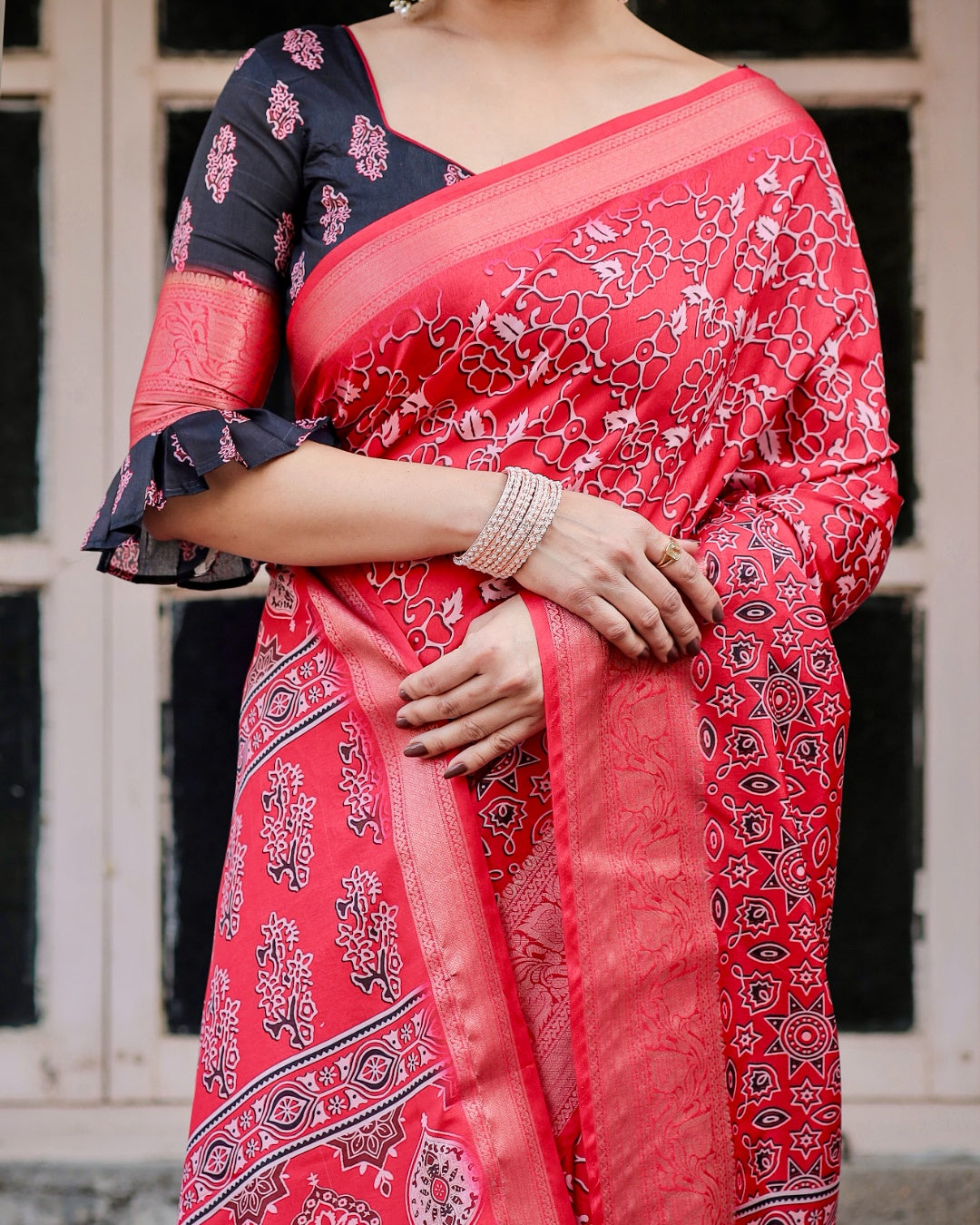 Red Tussar Silk Saree with Ajrakh-Inspired Print, Zari Woven Border, Statement Pallu & Tassels