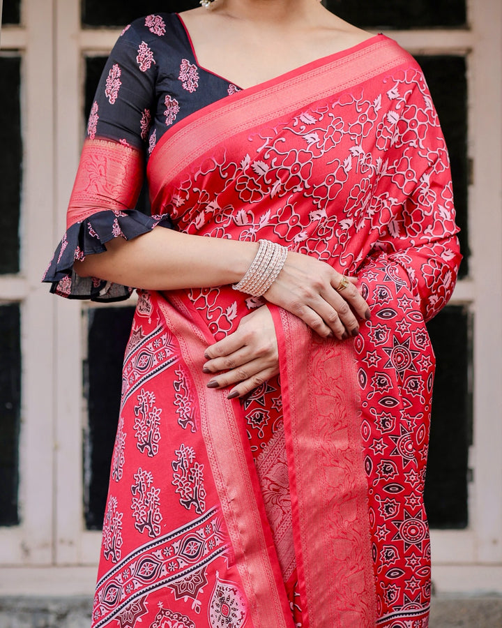 Red Tussar Silk Saree with Ajrakh-Inspired Print, Zari Woven Border, Statement Pallu & Tassels