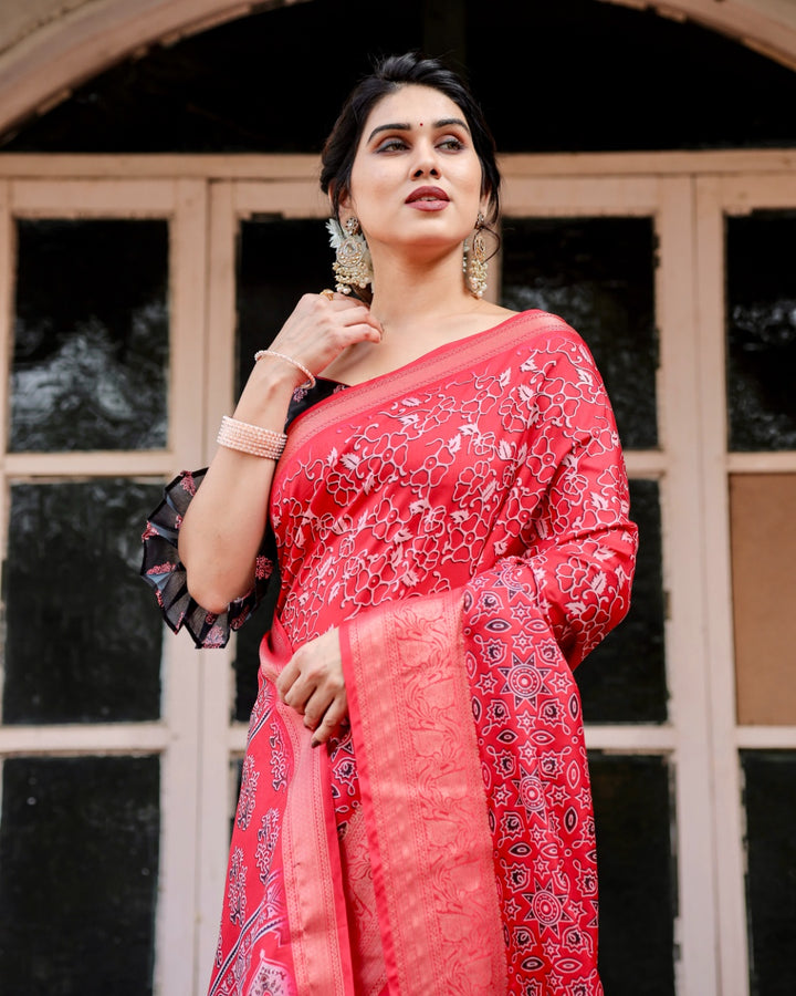 Red Tussar Silk Saree with Ajrakh-Inspired Print, Zari Woven Border, Statement Pallu & Tassels
