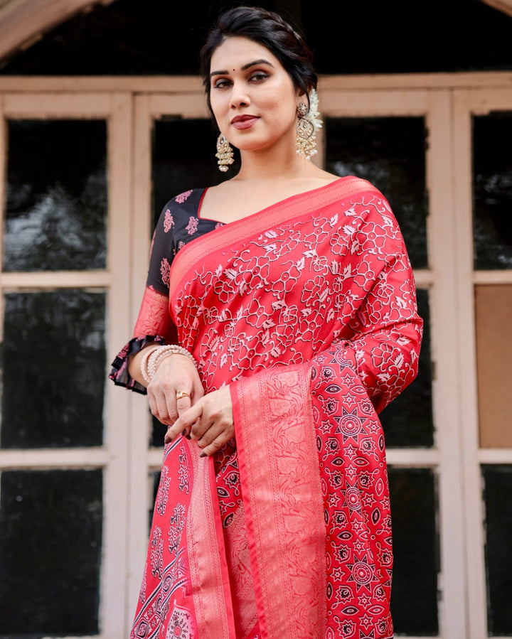 Red Tussar Silk Saree with Ajrakh-Inspired Print, Zari Woven Border, Statement Pallu & Tassels