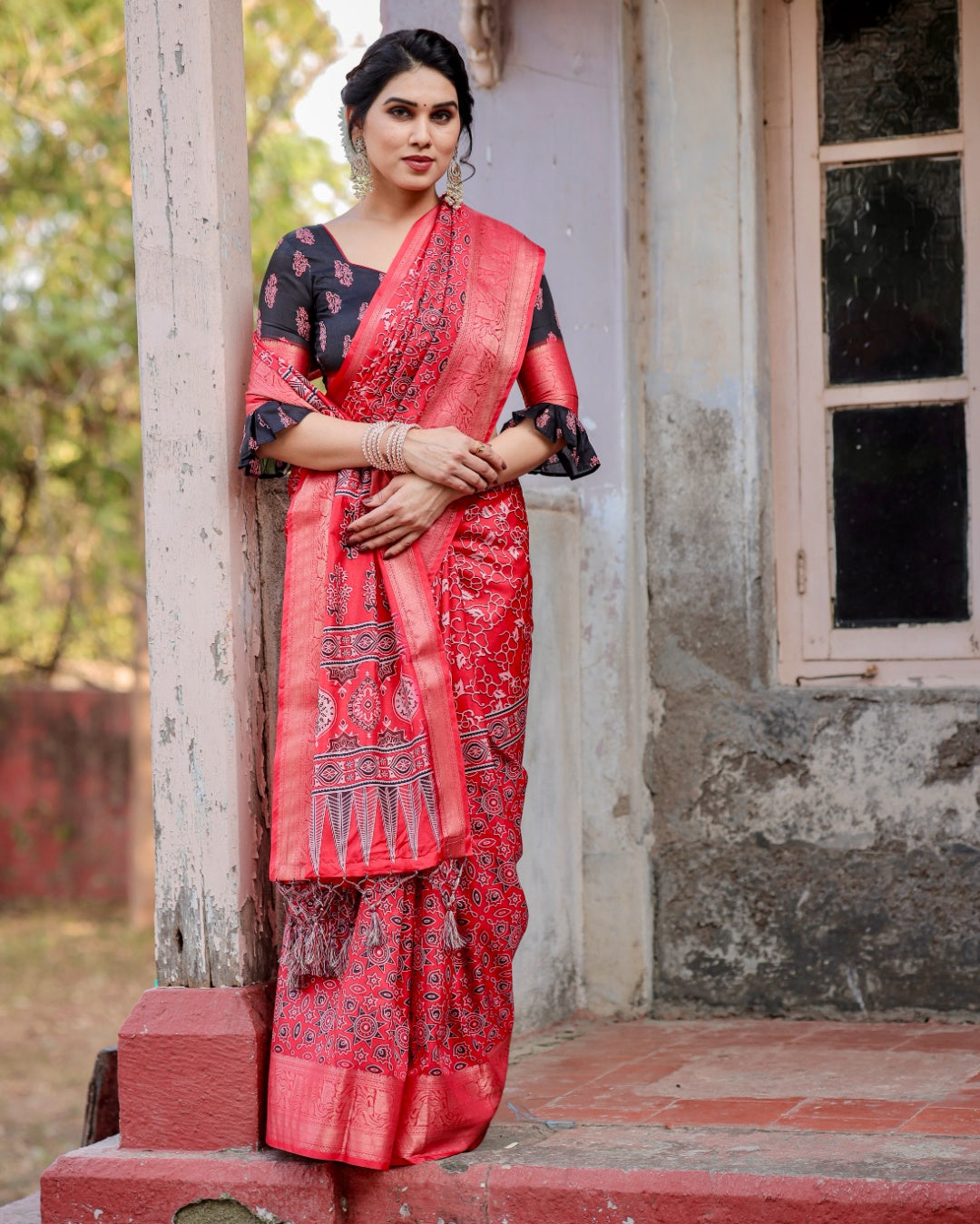 Red Tussar Silk Saree with Ajrakh-Inspired Print, Zari Woven Border, Statement Pallu & Tassels