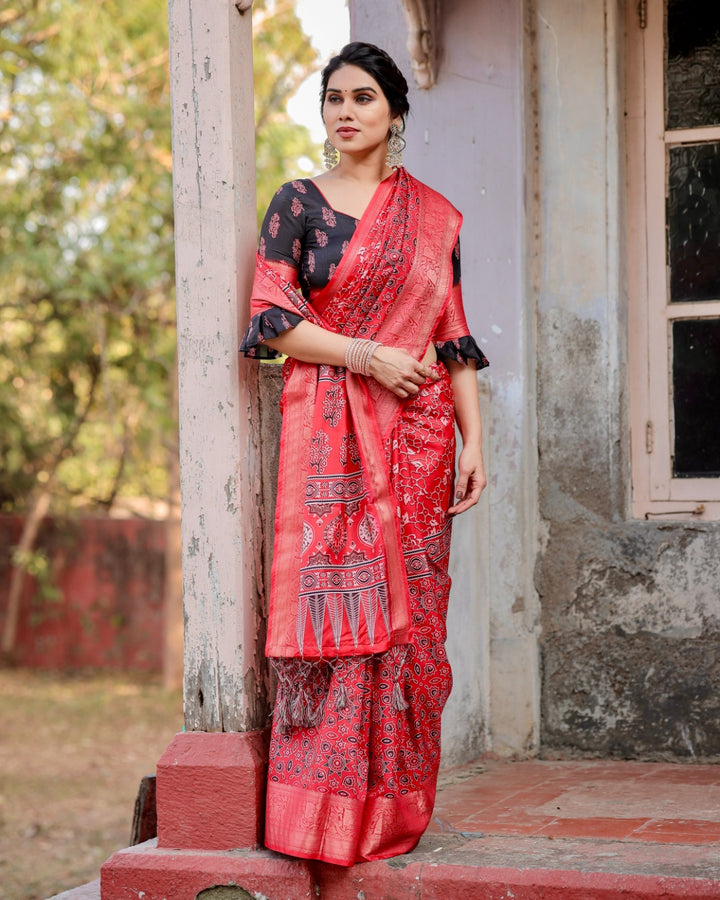 Red Tussar Silk Saree with Ajrakh-Inspired Print, Zari Woven Border, Statement Pallu & Tassels
