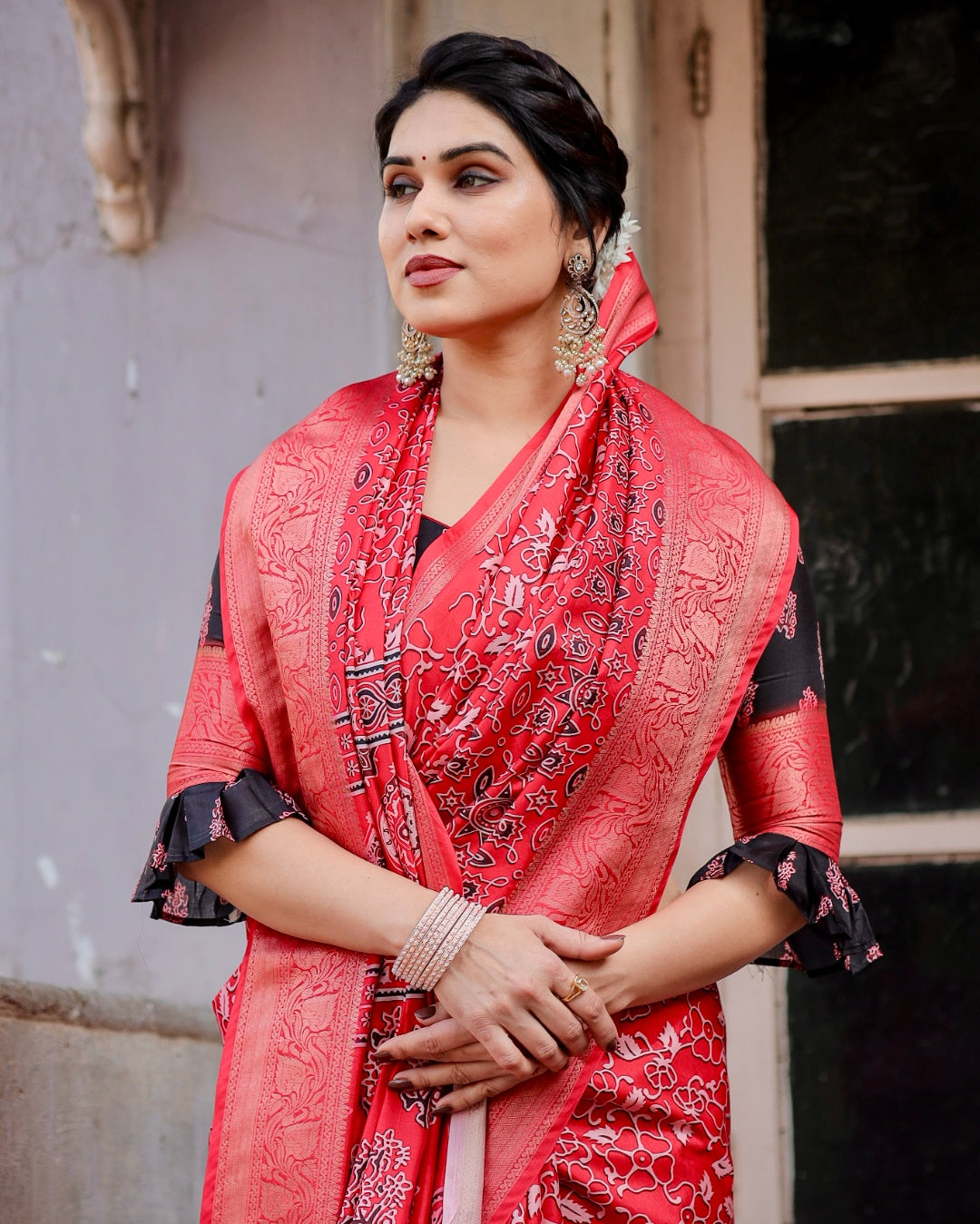 Red Tussar Silk Saree with Ajrakh-Inspired Print, Zari Woven Border, Statement Pallu & Tassels