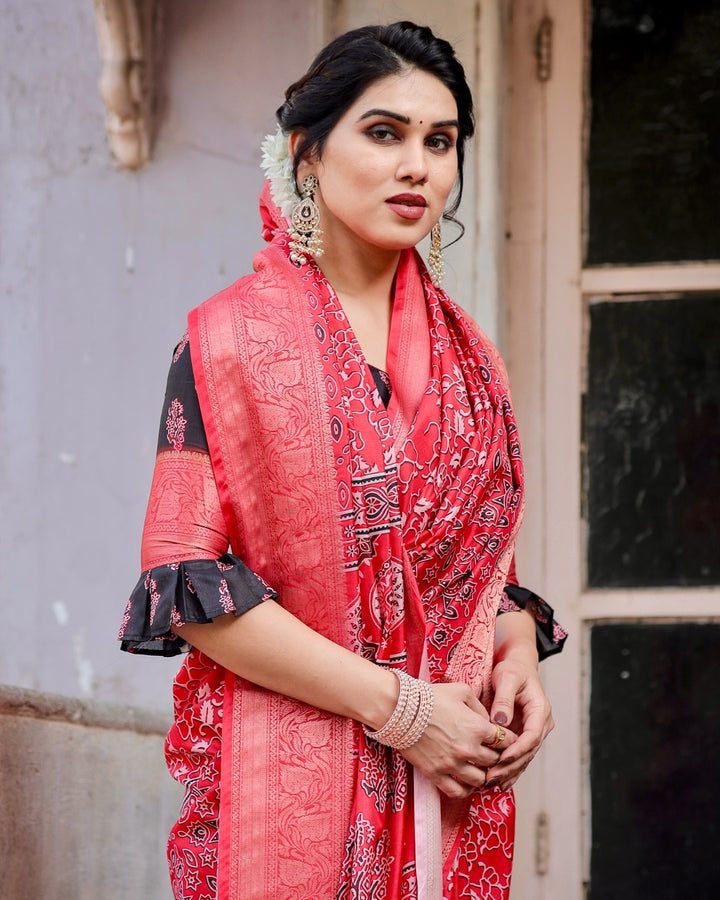 Red Tussar Silk Saree with Ajrakh-Inspired Print, Zari Woven Border, Statement Pallu & Tassels