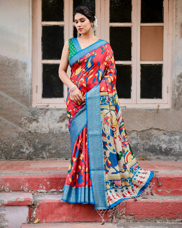 Red Tussar Silk Saree with Kalamkari Floral Print, Sky Blue Zari Border, Statement Pallu & Tassels