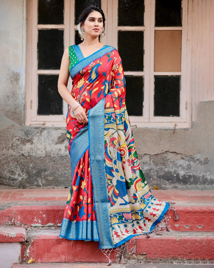 Red Tussar Silk Saree with Kalamkari Floral Print, Sky Blue Zari Border, Statement Pallu & Tassels