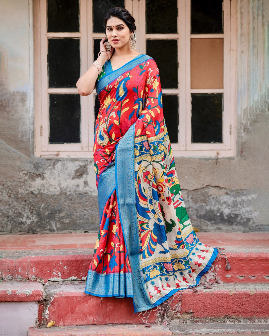 Red Tussar Silk Saree with Kalamkari Floral Print, Sky Blue Zari Border, Statement Pallu & Tassels