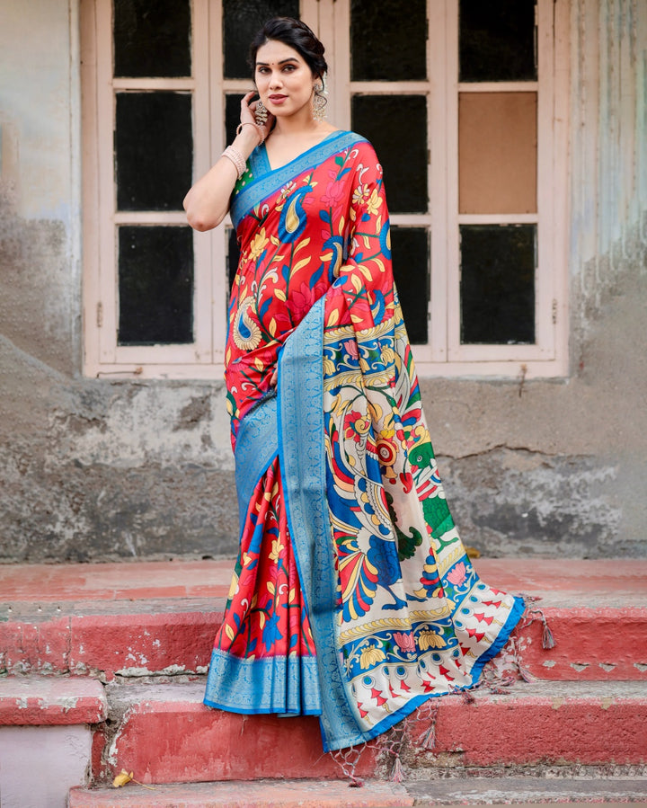 Red Tussar Silk Saree with Kalamkari Floral Print, Sky Blue Zari Border, Statement Pallu & Tassels