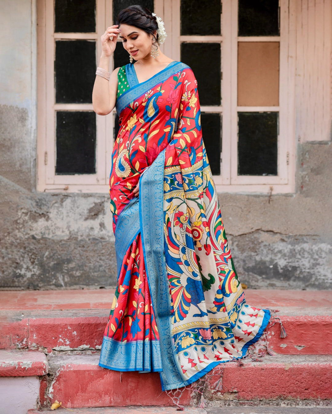 Red Tussar Silk Saree with Kalamkari Floral Print, Sky Blue Zari Border, Statement Pallu & Tassels