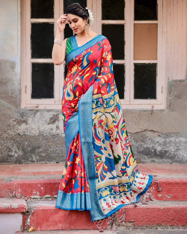 Red Tussar Silk Saree with Kalamkari Floral Print, Sky Blue Zari Border, Statement Pallu & Tassels