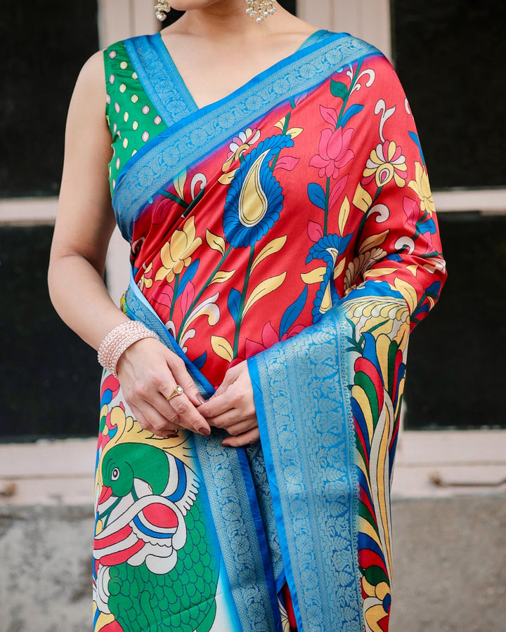 Red Tussar Silk Saree with Kalamkari Floral Print, Sky Blue Zari Border, Statement Pallu & Tassels