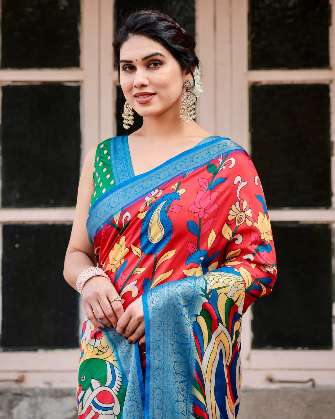 Red Tussar Silk Saree with Kalamkari Floral Print, Sky Blue Zari Border, Statement Pallu & Tassels