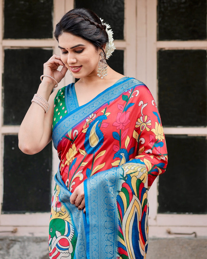 Red Tussar Silk Saree with Kalamkari Floral Print, Sky Blue Zari Border, Statement Pallu & Tassels