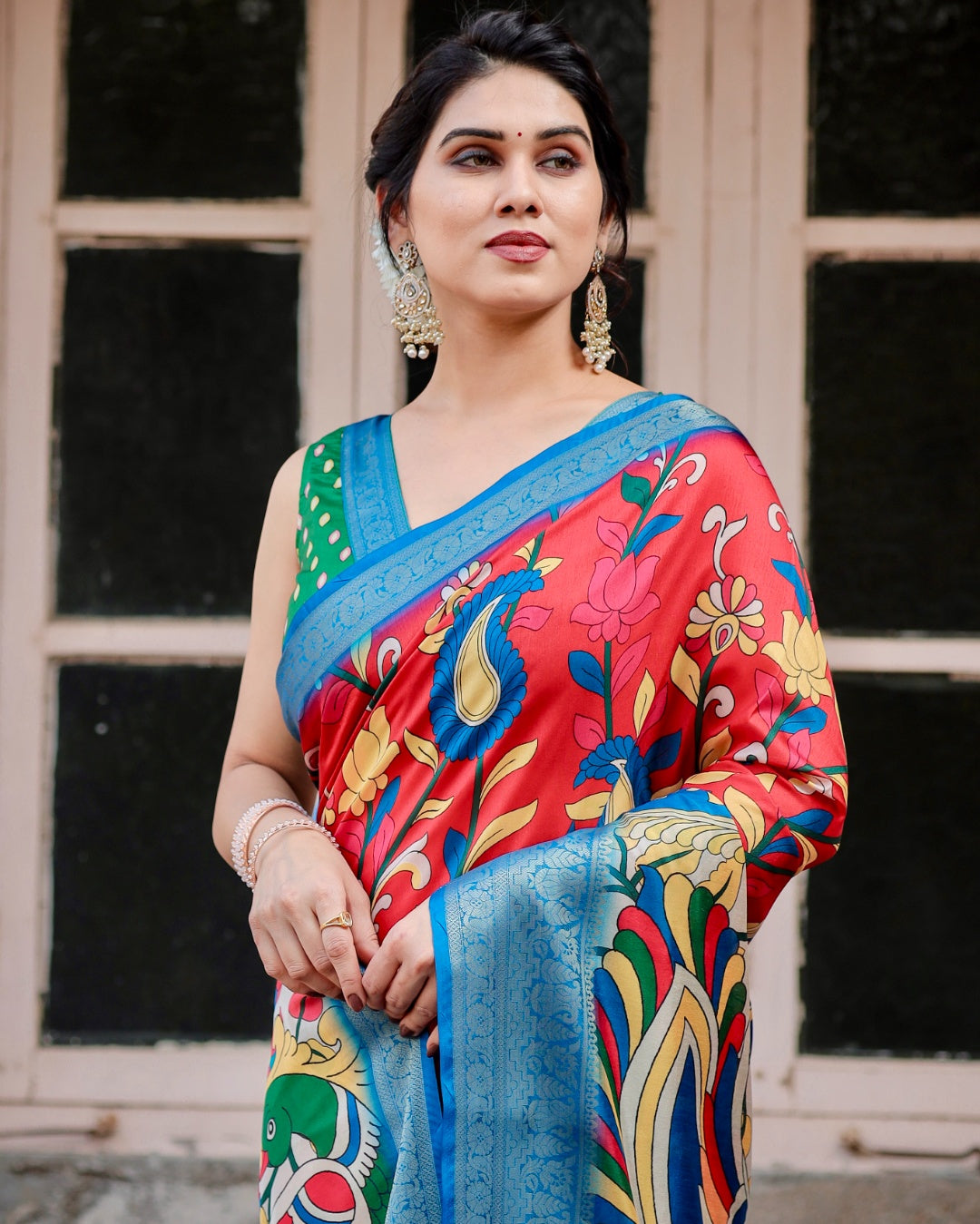 Red Tussar Silk Saree with Kalamkari Floral Print, Sky Blue Zari Border, Statement Pallu & Tassels