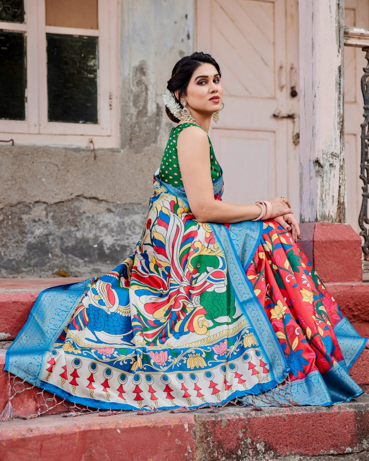 Red Tussar Silk Saree with Kalamkari Floral Print, Sky Blue Zari Border, Statement Pallu & Tassels
