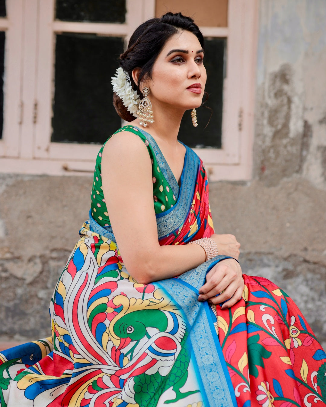 Red Tussar Silk Saree with Kalamkari Floral Print, Sky Blue Zari Border, Statement Pallu & Tassels