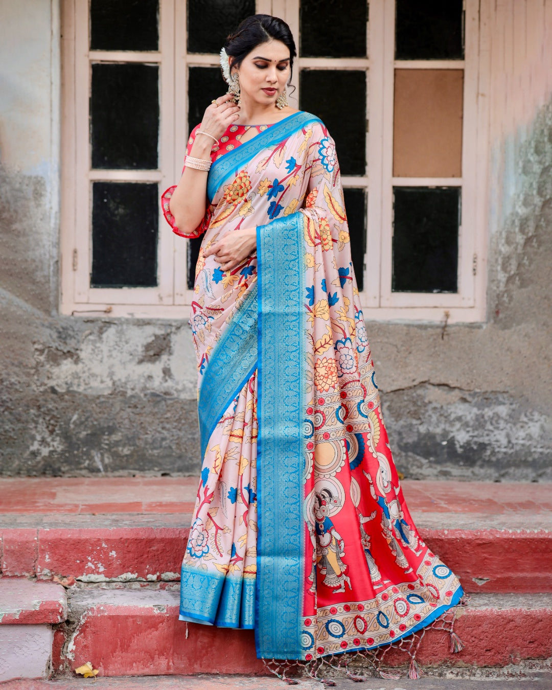 Blush Pink Tussar Silk Saree with Kalamkari Floral Print, Sky Blue Zari Border, Artistic Pallu & Tassels