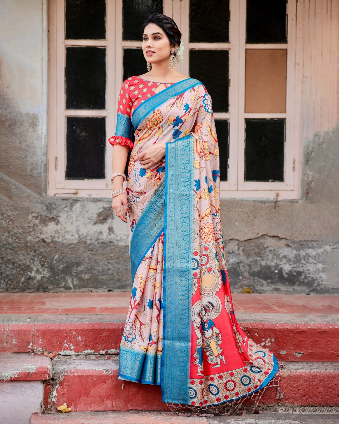 Blush Pink Tussar Silk Saree with Kalamkari Floral Print, Sky Blue Zari Border, Artistic Pallu & Tassels