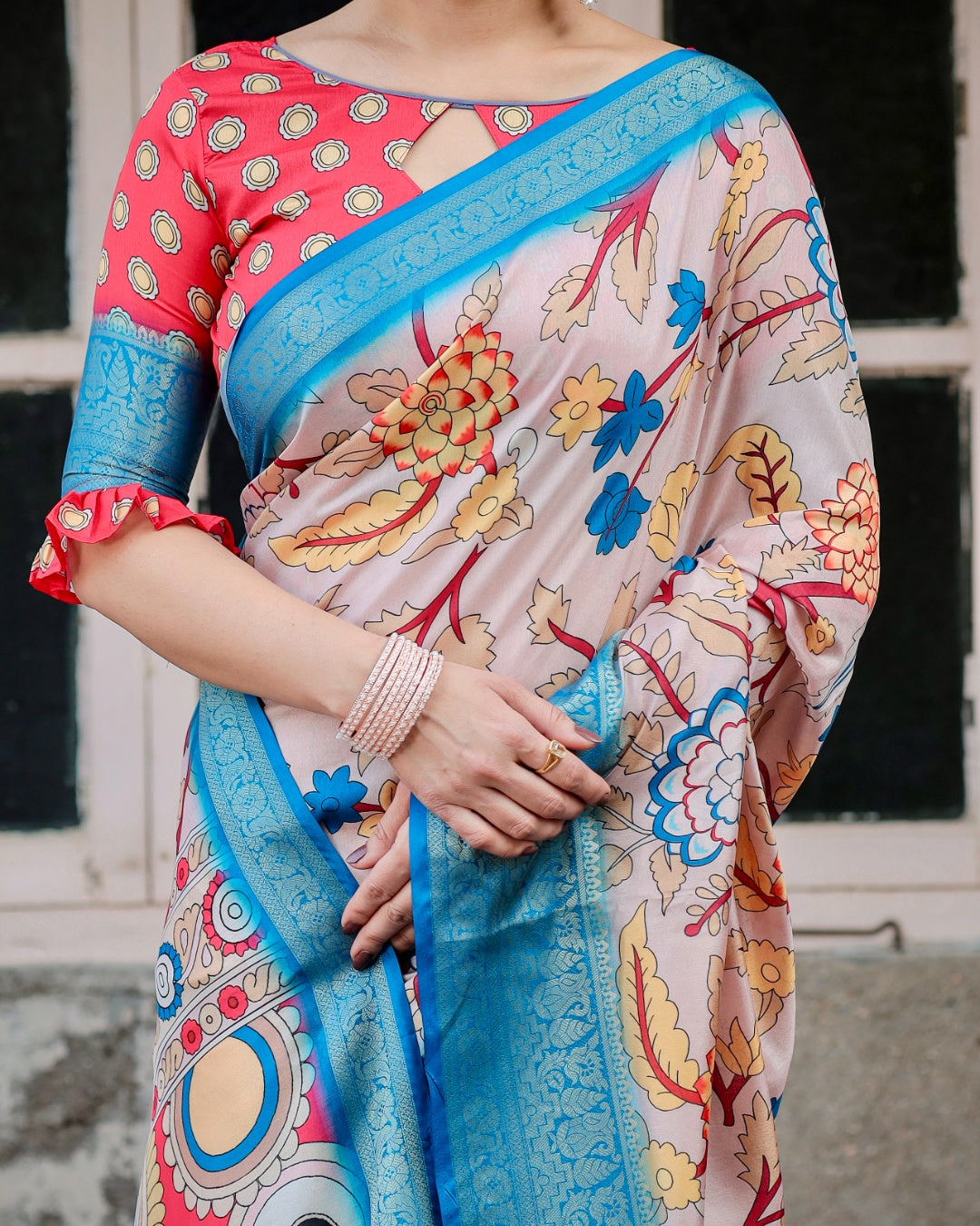 Blush Pink Tussar Silk Saree with Kalamkari Floral Print, Sky Blue Zari Border, Artistic Pallu & Tassels