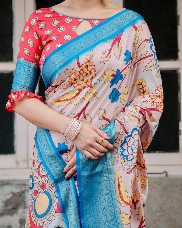Blush Pink Tussar Silk Saree with Kalamkari Floral Print, Sky Blue Zari Border, Artistic Pallu & Tassels