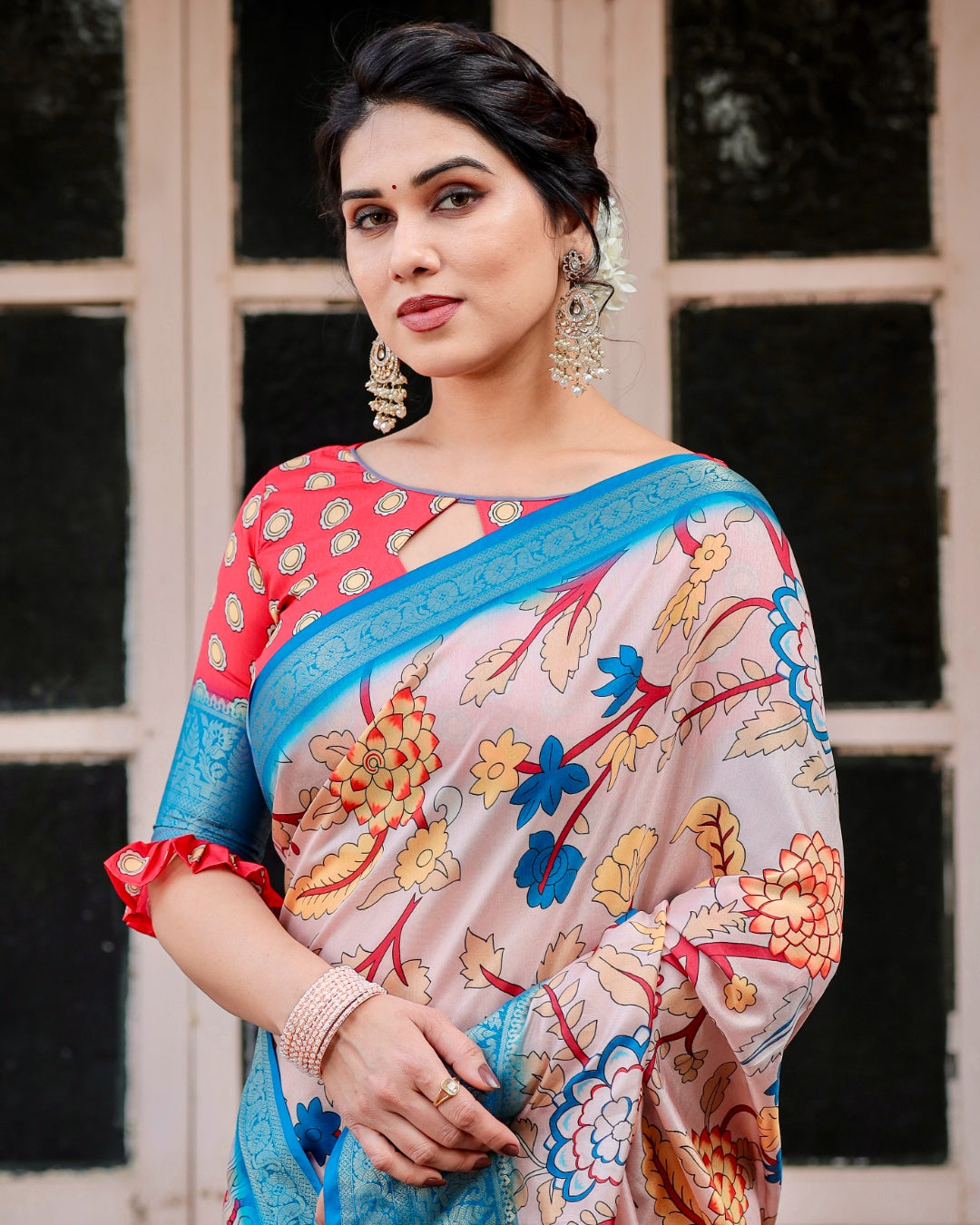 Blush Pink Tussar Silk Saree with Kalamkari Floral Print, Sky Blue Zari Border, Artistic Pallu & Tassels