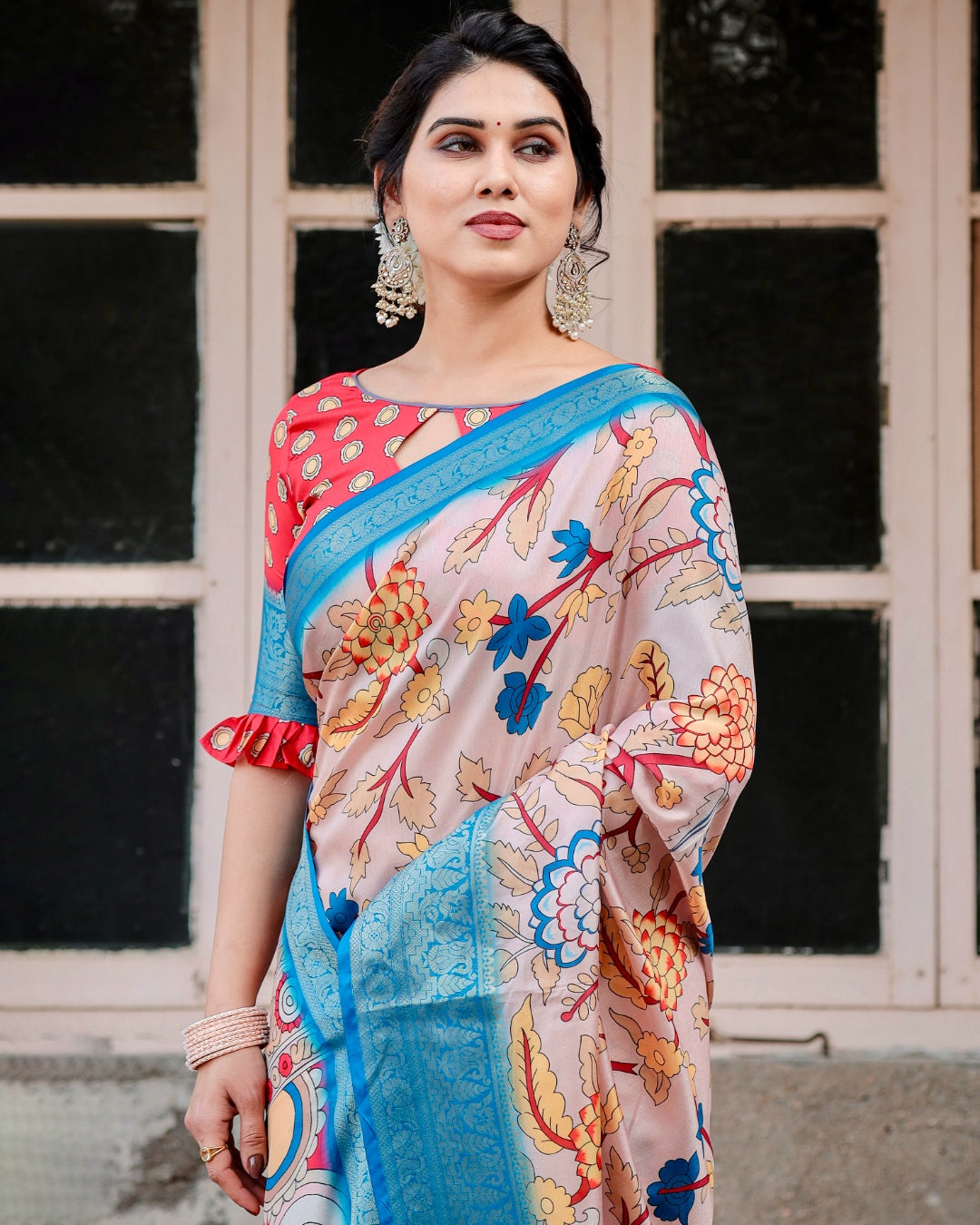 Blush Pink Tussar Silk Saree with Kalamkari Floral Print, Sky Blue Zari Border, Artistic Pallu & Tassels