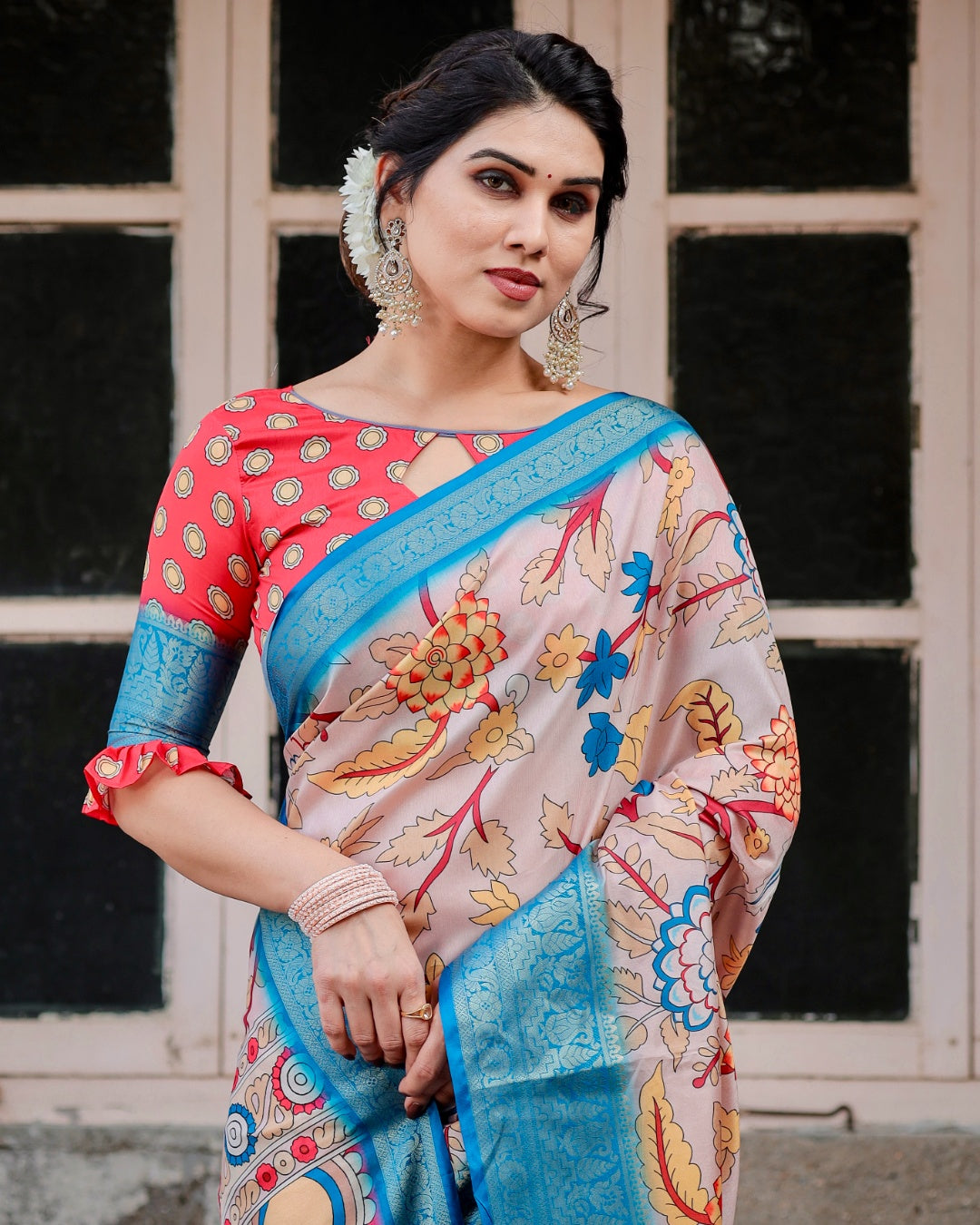 Blush Pink Tussar Silk Saree with Kalamkari Floral Print, Sky Blue Zari Border, Artistic Pallu & Tassels