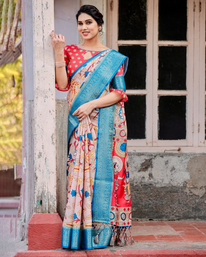 Blush Pink Tussar Silk Saree with Kalamkari Floral Print, Sky Blue Zari Border, Artistic Pallu & Tassels