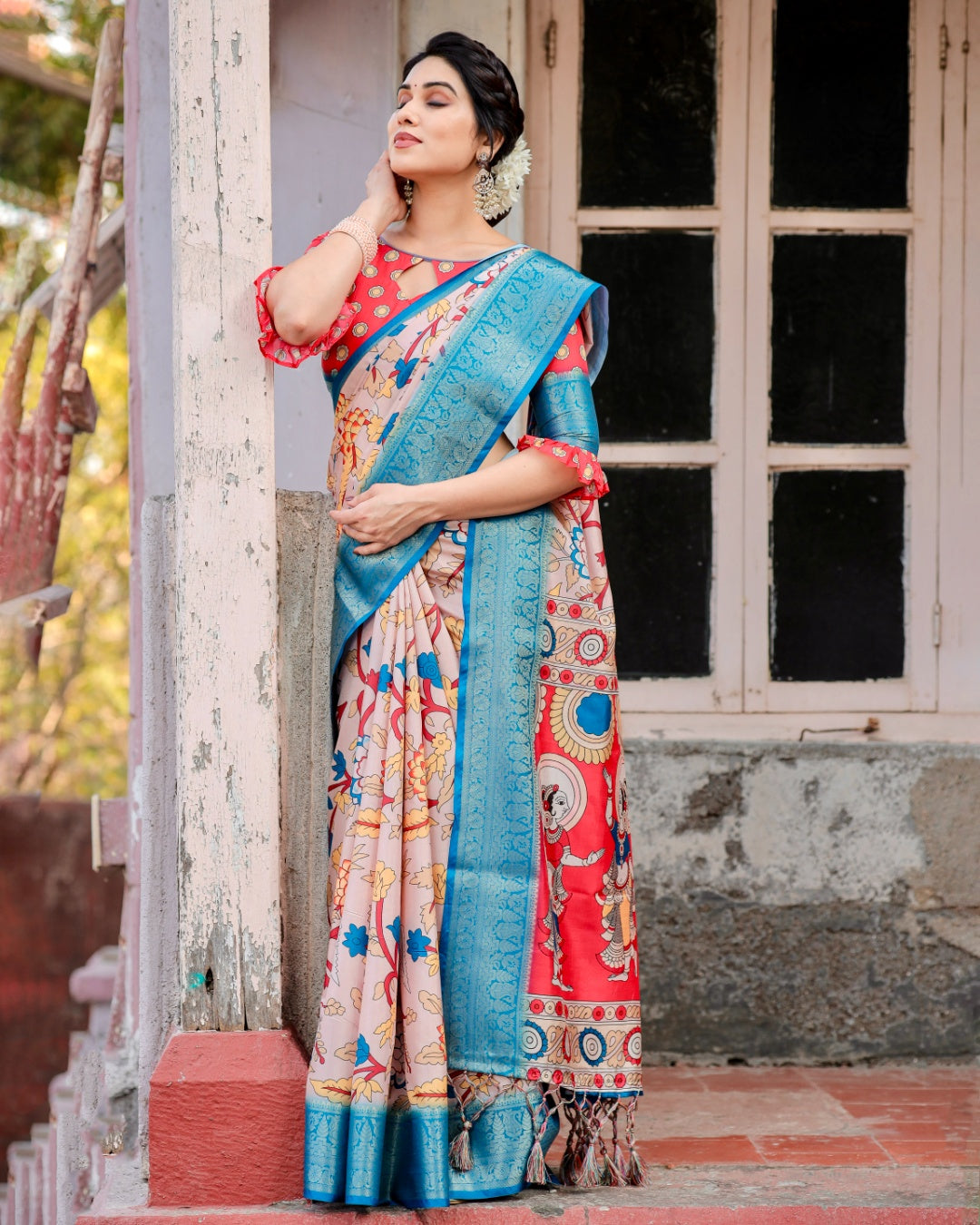 Blush Pink Tussar Silk Saree with Kalamkari Floral Print, Sky Blue Zari Border, Artistic Pallu & Tassels
