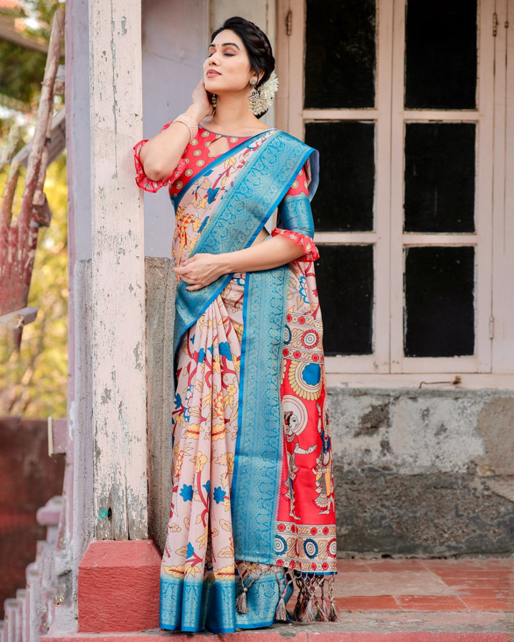 Blush Pink Tussar Silk Saree with Kalamkari Floral Print, Sky Blue Zari Border, Artistic Pallu & Tassels