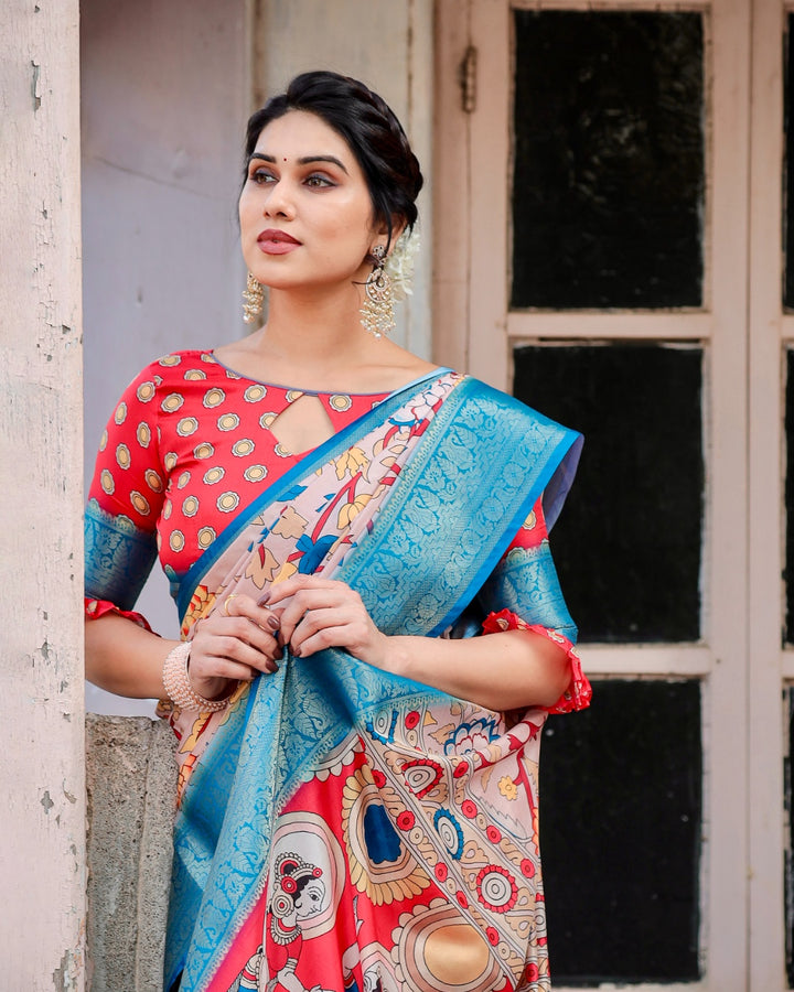 Blush Pink Tussar Silk Saree with Kalamkari Floral Print, Sky Blue Zari Border, Artistic Pallu & Tassels
